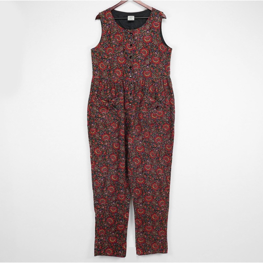 VTG Laura Ashley Jumpsuit Large Red Floral Corduroy Overalls Cottagecore UK Made